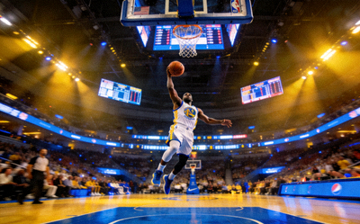 篮球赛事直播画面 - NBA球员投篮瞬间，场馆灯光璀璨