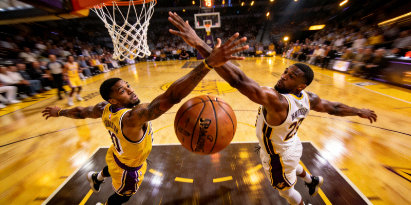 NBA总决赛激烈对抗 - 球员在空中争夺篮球控制权